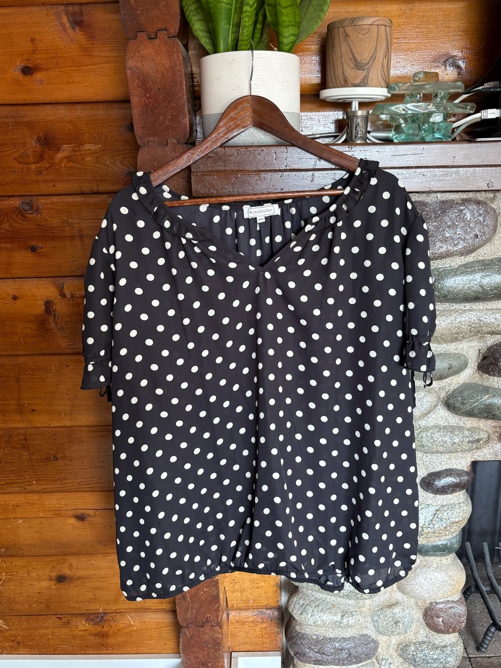 Blousology 3X Black White Polka Dot Peasant Blouse Tie Sleeve Plus Size